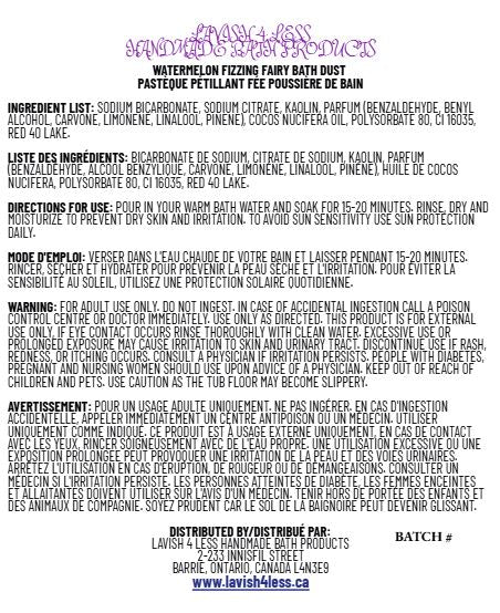 Back label for Watermelon Fizzing Fairy Bath Dust with ingredients, directions, warning, and distributor information.